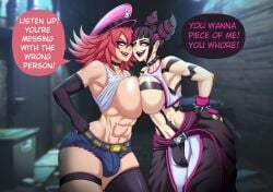 2futas abs balls bangs big_breasts black_hair breast_press breasts bulge clothed clothing dialogue duo ember_cool english_text final_fight flaccid futa_on_futa futa_only futanari human human_only juri_han light-skinned_futanari light_skin open_mouth partially_clothed pink_hair poison_(final_fight) pushing_breasts_together short_hair standing street_fighter street_fighter_v teeth text thighhighs tongue