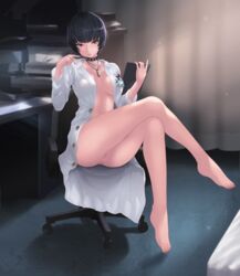 1girls barefoot black_hair brown_eyes cait chair choker crossed_legs feet female lab_coat legs looking_at_viewer medium_hair persona persona_5 sitting solo tae_takemi