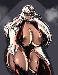 big_breasts bitterbunz black_hair breasts carmilla_carmine dark-skinned_female dark_skin earrings erect_nipples female female_only hazbin_hotel huge_breasts large_breasts lipstick long_hair looking_at_viewer milf mommy multicolored_hair nipples red_sclera solo solo_female solo_focus thick_thighs thighs top_heavy vivienne_medrano white_eyes white_hair wide_hips