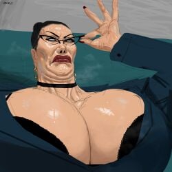 big_breasts big_cheekbones bun_hair chocker disgusted_expression gilf glasses long_nails mascara mature_female old_hag older_female red_lips stern stern_look sweating teacher vkorg