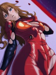 1girl 1girls aged_up blue_eyes blush bodysuit breasts brown_hair curvy evangelion:_3.0+1.0_thrice_upon_a_time female foreshortening hair_down hand_on_own_chest highres lips long_hair looking_at_viewer lying medium_breasts neon_genesis_evangelion orange_hair plugsuit rebuild_of_evangelion red_bodysuit red_hair shiny_clothes shiny_skin simple_background skin_tight solo souryuu_asuka_langley standing torn_bodysuit torn_clothes varon varon666 wide_hips