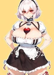 1futa 1girls ai_generated anchor_choker apron azur_lane bangs blush breasts chocolate choker cleavage closed_mouth collarbone dress erection_under_clothes eyebrows_visible_through_hair female food frilled_apron frilled_choker frills fruit futanari hair_between_eyes hairband hand_on_hip heart lace-trimmed_hairband large_breasts looking_at_viewer maid_apron puffy_short_sleeves puffy_sleeves rac3rrr racerai red_eyes short_hair short_sleeves side-tie_panties simple_background sirius_(azur_lane) smile solo thighhighs thighs waist_apron white_apron white_hair white_legwear yellow_background