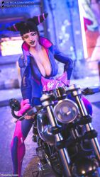 1girls 2023 3d black_hair black_nail_polish black_nails clothed clothing female female_only fully_clothed juri_han large_breasts motorcycle on_motorcycle outdoor outdoors outside solo solo_female street_fighter twin_drills yume3dx