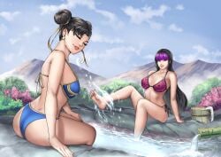 2girls asian asian_female bikini black_hair blue_bikini capcom chun-li female female_only hair_bun hot_spring juri_han light-skinned_female light_skin multiple_girls purple_bikini purple_hair smiling splashing street_fighter thotlerrr treartz