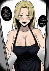 1girls apron apron_only blonde_hair blush cleavage colored colorized english_text gonzalo_costa hi_res jujutsu_kaisen large_ass long_hair looking_back masoq095 open_mouth orange_eyes shinkon_santaku solo solo_focus speech_bubble talking_to_viewer wide_hips yellow_eyes yuki_tsukumo