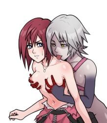 2girls anti-aqua aqua_(kingdom_hearts) blue_eyes breast_grab breasts dark-skinned_female dark_skin drooling female female_only kairi kingdom_hearts licking nude nude_female partially_clothed red_hair seifuku_slayer short_hair sweatdrop white_hair yellow_eyes yuri