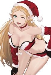 1girls belt blonde_hair blue_eyes breasts breath_of_the_wild choker crop_top crown_braid detached_sleeves earrings female female_only gloves hand_on_hip hat j@ck large_breasts long_hair looking_at_viewer midriff navel nintendo princess_zelda red_crop_top red_shorts santa_costume santa_hat shorts solo the_legend_of_zelda zelda_(breath_of_the_wild)