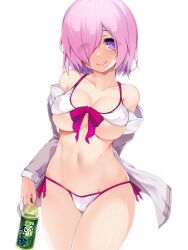 1girls areolae_bulge belly_button bikini bikini_bottom bikini_top bow breasts collarbone crotch_seam drink_in_hand fate/grand_order fate_(series) female_focus large_breasts mash_kyrielight navel nipple_bulge okuri_banto pink_hair purple_eyes ribbon simple_background smile solo solo_focus swimsuit swimwear thighs two-piece_swimsuit two_piece_swimsuit