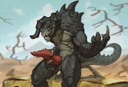 2024 animal_genitalia bethesda_softworks claws deathclaw digital_drawing_(artwork) digital_media_(artwork) erection fallout finger_claws foreskin genital_slit genitals hi_res horn knot male outside penile_spines penis phinnherz scalie sitting solo tail teeth