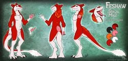 anthro ass balls claws closed_eyes fangs fluffy fluffy_tail genitals linsey_huish model_sheet open_mouth penis red_eyes red_fur sergal sidian tail tongue two_tone_fur white_fur