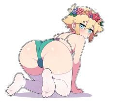 1boy ai_generated ass ass_focus balls basil_(omori) big_ass blonde_hair blue_eyes blush femboy flowercrown genitals green_bikini looking_at_viewer looking_back novelai omori solo solo_focus solo_male thick_femboy thick_thighs thighs white_bra white_socks worried_expression