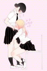 2girls ankle_socks anklehighs black_eyes black_hair black_skirt black_socks blonde_hair blush breasts chair closed_eyes finger_in_another's_mouth finger_in_mouth finger_sucking glasses hair_bun hugging_leg kishi_torajirou long_hair medium_hair multiple_girls necktie original pink_hair school_uniform shirt shoes single_hair_bun sitting sitting_on_chair skirt small_breasts socks socks_and_shoes standing sucking_fingers sweat uwabaki white_shirt yuri