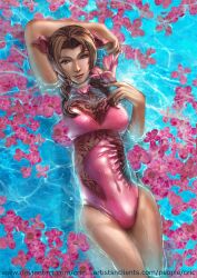 1girls aerith_gainsborough braided_ponytail breasts brown_hair cric final_fantasy final_fantasy_vii flowers green_eyes hairbow in_water medium_breasts one_piece_swimsuit painted_fingernails pink_one-piece_swimsuit pink_swimsuit ponytail swimsuit water