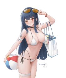 1girls arm_strap beach_ball bikini blue_hair breasts choker holding_beachball large_breasts long_hair looking_at_viewer midriff multi-strapped_bikini multi-strapped_swimsuit mungersky navel original red_eyes shoulder_bag side-tie_bikini side-tie_swimsuit sunglasses sunglasses_on_head swimsuit thigh_strap white_bikini white_swimsuit wristband