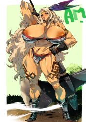 1girls amazon_(dragon's_crown) areolae arm_behind_head big_breasts bikini bikini_armor blonde_hair blue_eyes blush dragon's_crown female female_only gloves hand_on_hip heel_boots huge_breasts kemonono long_hair looking_at_viewer muscles muscular muscular_female muscular_thighs nipples nipples_outside solo