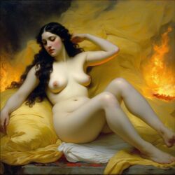 ai_generated belly black_hair breasts closed_eyes curvy fire long_hair lying navel nipples nude on_back seductress sleepy small_breasts william_bouguereau