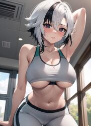 ai_generated arlecchino_(genshin_impact) armpits collarbone daytime genshin_impact gym_uniform navel sfw shoulders slombert sports_bra sportswear sweat sweating underboob window