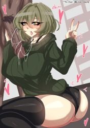 1boy 1girls after_fellatio ahe_gao akina-chan artist_name ass big_ass big_breasts blush breasts busty cum cum_in_mouth dark-skinned_male dark_skin fat_ass female girl green_eyes green_hair heart heart-shaped_pupils heavy_breathing hi_res highres huge_ass huge_cock large_breasts legs light-skinned_female light_skin looking_at_viewer looking_back male moaning naughty_face original panties penis pubic_hair pupils short_hair sitting solo_focus straight sweater symbol-shaped symbol-shaped_pupils teeth thick_thighs thighhighs thighs tongue tongue_out tuskgoblin underwear v voluptuous