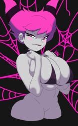 1girls bikini blush breasts bursting_breasts choker dc female female_only grey_skin jinx_(dc) large_breasts looking_at_viewer pink_eyes pink_hair simple_background solo solo_female squeezing teen_titans thick_thighs underground_(artist) undergroundnsfw