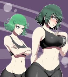 2girls alviriaart bangs big_breasts blush cleavage female female_only frown fubuki_(one-punch_man) green_eyes green_hair gym_clothes hourglass_figure large_breasts larger_female light-skinned_female light_skin looking_back medium_hair medium_support_(meme) navel one-punch_man open_mouth sisters small_breasts sports_bra sportswear straight_hair tatsumaki thick_thighs thighs toned white_skin wide_hips