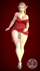 1futa 3d blonde_hair blue_eyes bottomless clothed clothing elf fauna_geyser futa_only futa_solo futanari huge_balls huge_breasts huge_cock looking_at_viewer mostly_clothed red_dress self_upload solo