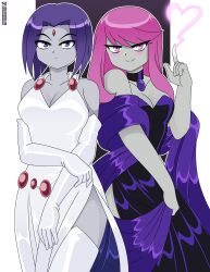 2girls aged_up blue_dress blush blushing_at_viewer breasts cleavage clothed clothed_female collar dc dc_comics dress female female_focus female_only grey_skin jinx_(dc) multiple_females multiple_girls nicolasgravelqc pink_hair purple_hair rachel_roth raven_(dc) smile smiling_at_viewer teen_titans thighs