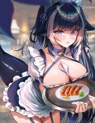 animal_ears apron belt_collar black_hair blue_collar blue_garter_straps body_markings breasts breasts_on_tray cetacean_tail cleavage collar female fins fish_tail garter_straps halterneck highres holding holding_tray indie_virtual_youtuber large_breasts long_hair looking_at_viewer maid maid_apron maid_headdress multicolored_hair orca_girl purple_eyes rosebell_(artist) shylily sidelocks streaked_hair tail tray virtual_youtuber vtuber white_hair