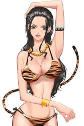 1girls bare_arms bare_legs bare_shoulders bare_thighs big_breasts bikini bikini_bottom bikini_top black_hair blue_eyes blush clothed clothing color coom_part female female_focus female_only hi_res large_breasts light-skinned_female light_skin long_hair looking_at_viewer nico_robin one_piece shounen_jump solo solo_female tagme tail thick_thighs tiger_bikini