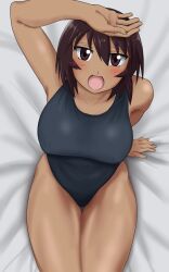 1girls artist_name artist_request azumanga_daiou bed black_hair black_one-piece_swimsuit blush dark-skinned_female female fit_female hand_behind_head hand_on_breast kagura_(azumanga_daiou) large_breasts looking_up one-piece_swimsuit red_blush short_hair sitting_on_bed swimsuit tan_body tanned tanned_female tanned_skin teenage_girl teenager thick_thighs tomboy wide_hips