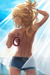 1girls ass back backboob belt blonde_eyebrows blonde_hair blush bracelet breasts eyebrows_visible_through_hair eyes_visible_through_hair fate/apocrypha fate_(series) female female_only green_eyes highres jewelry long_hair looking_at_viewer looking_back medium_breasts medium_hair mordred_(fate) no_bra sideboob solo standing tonee topless upper_body