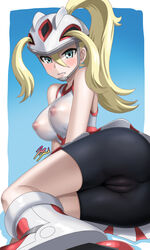 1girls alternate_version_available ass bicycle_helmet big_ass big_breasts blonde_hair breasts cameltoe erect_nipples_under_clothes eye_contact female innie_pussy jazzjack korrina_(pokemon) long_hair looking_at_viewer nintendo pale-skinned_female pale_skin pokemon pokemon_xy shorts simple_background spandex_shorts thick_ass thick_thighs thighs transparent_clothing