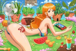 1girls ass bare_arms bare_legs bare_shoulders bare_thighs big_ass big_breasts big_butt bikini bikini_bottom bikini_top clothed clothing color coom_part drink female female_focus female_only food fruit hi_res large_breasts laying_down light-skinned_female light_skin long_hair looking_at_viewer meat nami nami_(one_piece) one_piece orange_eyes orange_hair plant post-timeskip shounen_jump solo solo_female switch tagme thick_thighs