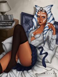 1girls ahsoka_tano alien bed bedroom bedsheets blue_eyes blue_skirt bra clothed clothing college female female_only headband headwear indoors kaiowk lekku lightsaber lightsaber_hilt lips long_socks lying_on_back lying_on_bed montrals necktie_removed nightstand open_clothes open_shirt orange_skin outfit panties pillow red_lips school_uniform schoolgirl schoolgirl_uniform shirt skirt socks solo star_wars star_wars_rebels stockings student table_lamp text togruta underwear upskirt white_panties white_shirt