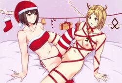 azov_chan black_hair blonde_hair breasts christmas christmas_clothing christmas_outfit deer_ears kupalinka lesbian_sex marichka nipples scissoring swastika tattoo yuri