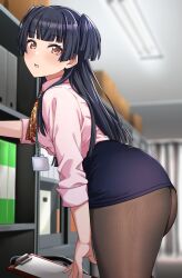 1girls ass black_hair brown_hair fat_ass human id_card looking_at_viewer office office_lady original pantyhose shirt skirt solo thick_thighs thighs upskirt work_uniform workplace