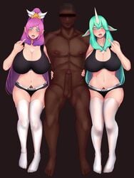 1boy 2girls big_penis blacked blacked_clothing censored cheating cuckold dark-skinned_male dark_skin english_text female green_eyes green_hair horn interracial janna_windforce large_breasts league_of_legends looking_at_viewer male middle_finger mosaic_censoring netorare ntr queen_of_spades soraka star_guardian_series star_guardian_soraka text tm_yuebing