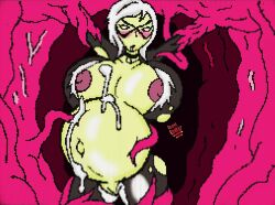 1girls bellbell404 belly big_belly big_breasts black_cat_(marvel) bondage breasts felicia_hardy female marvel nipples pixel_art pussy tentacle tentacle torn_clothes white_hair