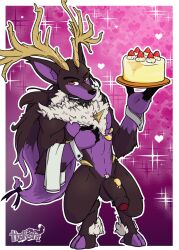 anthro antlers bow_tie cake dessert flaccid food foreskin genitals hokshi horn humanoid incineram_noct looking_at_viewer male male_focus male_only muscular muscular_male non-human_body non-human_only pal_(species) palworld penis pocketpair red_eyes solo solo_male