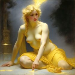 ai_generated belly blonde_hair blue_eyes breasts curly_hair curvy flower flowers_in_hair light lips nipples nude on_floor pillar presenting realistic sitting small_breasts smile solo william_bouguereau