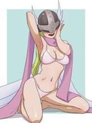 1girls angel angel_wings angewomon bikini blonde_hair blush breasts cleavage covered_eyes digimon digimon_(species) female female_only hand_behind_head hand_on_face helmet kneeling lipstick long_hair midriff navel pinup plain_background posing red_lipstick smile solo villagesman wings