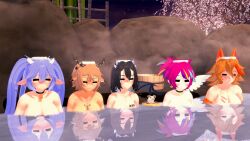 5girls antlers barcode_tattoo big_breasts buffpup_(vtuber) cassafrass female freckles_on_face horns hot_spring indie_virtual_youtuber koikatsu renhentai scars shinect_(callie_forniya) succuguts_(character) tattoo_on_chest techycutie virtual_youtuber vtuber wings