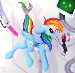 ball_gag blush bodily_fluids bondage dildo equid equine female feral friendship_is_magic fuck_bench fucking_machine gag hasbro hi_res imminent_sex machine mammal my_little_pony omiart pegasus rainbow_dash_(mlp) raised_tail sex_machine sex_toy sweat tail_grab wings