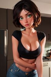 1girls ai_generated aunt_cass bent_forward big_hero_6 black_shirt breasts brown_hair cass_hamada cleavage disney downblouse female front_view green_eyes indoors kitchen large_breasts marvel mature_female milf mommy pixar short_hair tagme thigh_gap