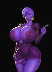 1futa balls big_hips big_nipples boobsgames bottomless breasts cleavage clothed clothing dress ear_piercing erection futa_only futanari gigantic_breasts huge_breasts huge_cleavage humanoid intersex leah_estrogen mostly_clothed nipple_slip nipples no_nose osmosis_jones partially_retracted_foreskin penis pink_skin purple_dress small_penis smooth_balls smooth_penis solo standing thick_thighs uncut wide_hips