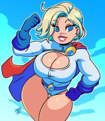 1girls artist_signature big_breasts blonde_hair blue_eyes boob_window breasts busty cape cleavage cleavage_cutout dc dc_comics flexing flying kara_zor-l karen_starr large_ass light-skinned_female light_skin power_girl red_cape sgtmadness sky solo superman_(series) thick_thighs thighs white_outfit