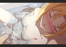 1boy armpit_crease arms_at_sides azur_lane bath bathing bathtub blonde_hair blush breasts cleavage cleveland_(azur_lane) closed_eyes collarbone commentary_request completely_nude female fingering leaning_on_person long_hair medium_breasts mixed-sex_bathing moaning navel nose_blush nude open_mouth partial_commentary partially_submerged ripples shared_bathing spread_legs water yuki_shizuku