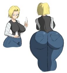 1girls android_18 ass_focus back_view big_ass big_breasts big_butt blonde_hair blue_eyes bottom_heavy clothed clothing comic dragon_ball dragon_ball_z female female_focus holding_object holding_paper jeans looking_down paper solo zdaddyecchi