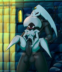 2_horns 5_fingers anthro balls big_penis black_body black_eyes blush breasts chained chained_cuffs chained_to_wall chained_up chains duo eyebrows female fingers forehead_gem gem genitals harrold_(latiar) hi_res holding_penis hollow_knight horn humanoid_genitalia humanoid_penis lace_(hollow_knight) larger_male latiar male male/female neck_chain nipples penis pink_nipples prison_cell shadow silksong size_difference smaller_female steam team_cherry white_body white_eyes worried worried_face worried_look