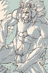 anthro arm_tuft balls barong_(tokyo_afterschool_summoners) blue_eyes ear_piercing ear_ring elbow_tuft felid genitals inubikko lifewonders lion male mammal mane markings muscular muscular_male nipples nude pantherine pecs penis piercing pubes red_eyeliner ring_piercing sitting solo spread_legs spreading tokyo_afterschool_summoners tuft yellow_sclera