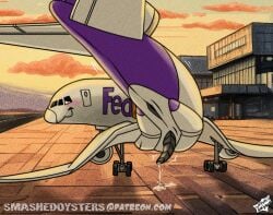 aircraft airplane bodily_fluids cum dc-10 digital_media_(artwork) erection genital_fluids genitals hi_res living_aircraft living_machine living_vehicle looking_at_viewer machine male male_only not_furry penis robot smashed_(artist) smile solo tail vehicle weird wings